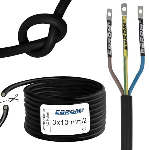 EBROM Wechselrichter AC Gummileitung H07RN-F 3x10 mm², Gummikabel für PV + DIN M6 Kabelschuhe, von 1-25 Meter, 10mm2 ideal für Photovoltaik Wechselrichter Anschluss (Schraubanschluss) Ihre Länge: 1m