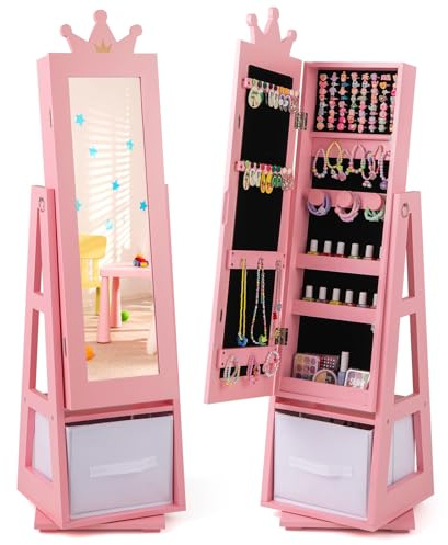 COSTWAY Kids Jewelry Armoire Cabinet, 360° Swivel Jewelry Organizer with Full Length Mirror, Rear Storage Shelves, Freestanding Girls Vanity Dress Up Mirror for 3+ Years Old