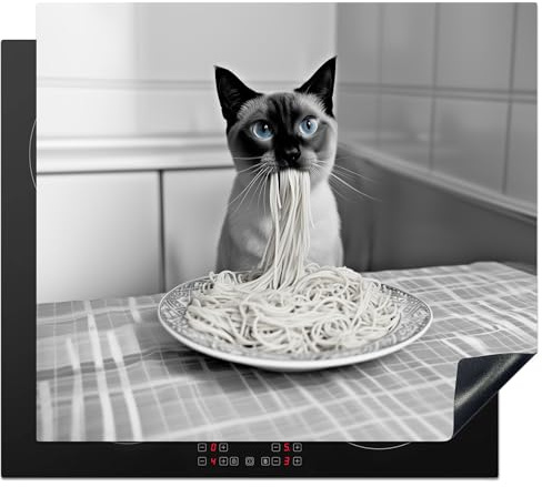 KitchenYeah© Herdabdeckplatte Einteilig Herdabdeckung Abdeckplatte für | 60x52 cm - Ceranfeld Abdeckung Induktionskochfeld Aufrollbare Matte Katze - Siamese - Schwarz und weiß - Niedlich - Tiere