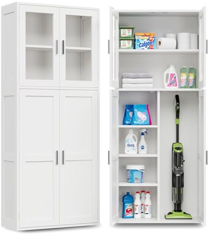 Moziel Besenschrank Mehrzweckschrank Hauswirtschaftsraum Schrank mit Sichtfenster aus Acryl aus Holz mit Verstellbarer Einlegeboden für Küche Wohnzimmer Esszimmer 168 x 30 x 70 cm(HxTxB) weiß