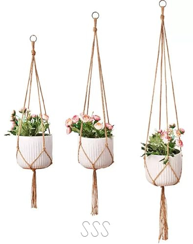 Pangogogo Makramee Blumenampel Set 3er - 90/105/120cm Pflanzenhänger aus Baumwolle mit Metallhaken für Zimmerpflanzen, Wohnzimmer, Balkon, Boho Deko