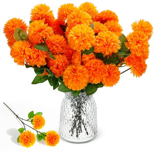 Giegxin 48 fiori di crisantemo artificiali, ortensie in plastica, per mamme, ortensie, bouquet da sposa per casa, giardino, feste, ufficio, decorazione da tavolo, centrotavola floreale (arancione)