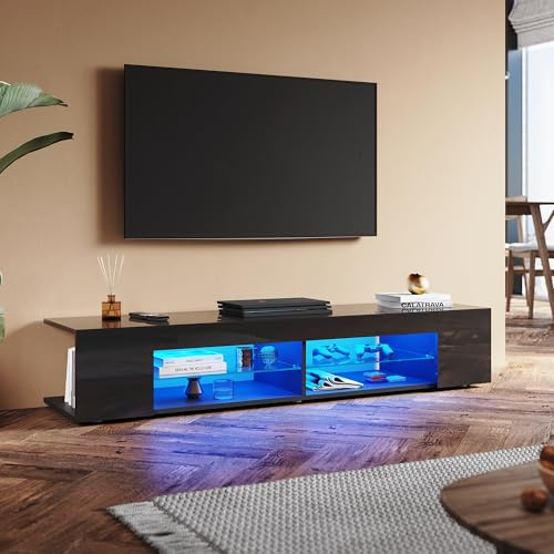 SUNXURY Meuble TV noir brillant 160 cm avec éclairage LED 160 x 39 x 30 cm (l x p x h) - Meuble TV moderne avec étagère en verre de 5 mm - Meuble TV bas en bois pour salon