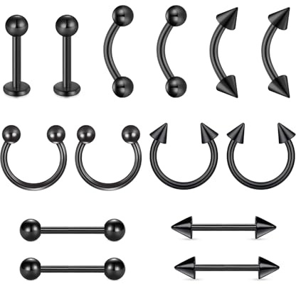 MODRSA Barbell-Piercing Curved-Barbellr Zungenpiercing Helix- Piercing: 14pcs 16G Chirurgenstahl Tragus Piercing Stecker schwarz
