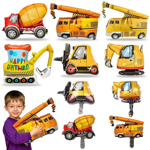 Bagger-Folienballons aus Aluminiumfolie, 10 Stück, Traktor-Riesenballon, inklusive Bau-Helium-Bagger, LKW und Kran-Folienballons aus Mylar, Dekoration einer Geburtstagsparty zum Thema