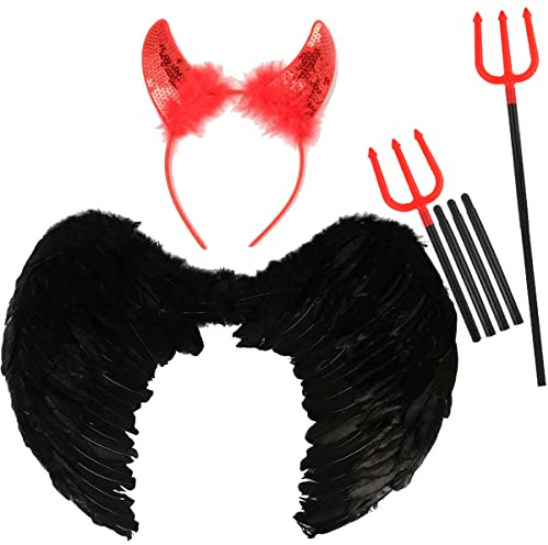 M&A PEAKS Adults 3 Pcs Feather Wings Sequin Devil Horns Headband & Devil Pitchfork Set, Womens Girls Halloween Cosplay Trident Costume accessory Sets, (Black Wings + Devil Horns Headband & Folk)