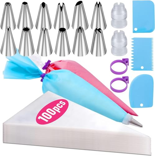 suxuMhao Lot de 100 poches à pâtisserie jetables de 30,5 cm avec 2 convertisseurs, 3 grattoirs à crème, 1 sac floral en EVA, 2 attaches en silicone, 12 becs à gâteaux floraux - Ensemble de 120 pièces
