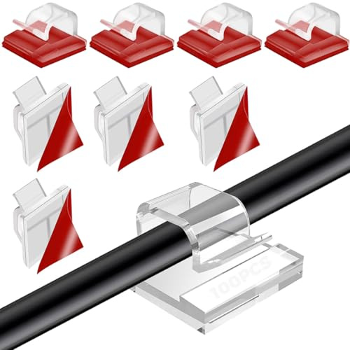 100Pcs Clips Organizador de Cables Autoadhesivo, clips para cables de escritorio,ganchos adhesivos,Clips de Cables para Cable de USB, TV, Cargador, Audio Mesa, Oficina, Cas,Transparente