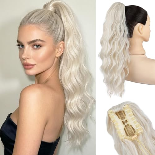 JIAMEISI Ponytail Extension, 45 cm Pferdeschwanz Haarteil, Synthetischer, gewellter, lockiger Krallenclip Pferdeschwanz Haarverlängerung für Damen, Volumen & Länge verleihend (Hellblond)
