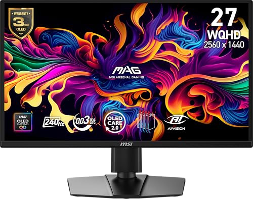 msi MAG 272QP QD-OLED X24 27'' 2560x1440 (QHD) Monitor Gaming, 240Hz, Sincronizzazione adattiva, HDMI, DisplayPort, Montaggio VESA, Inclinazione, Altezza regolabile, Altoparlante, 0,03ms, Nero
