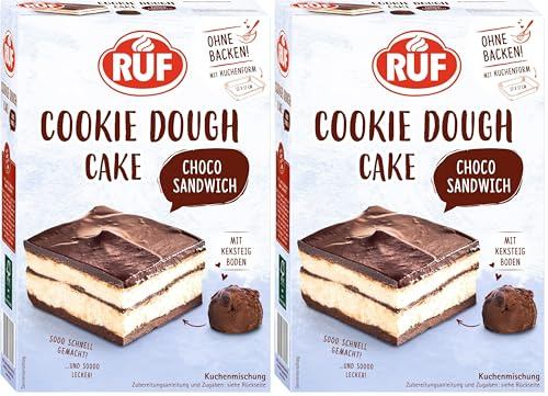 RUF Cookie Dough Schoko-Sandwich ohne Backen, Boden aus Keksteig mit fluffiger Creme und Schoko-Glasur, inkl. Kuchenform, 1x320g (Packung mit 2)