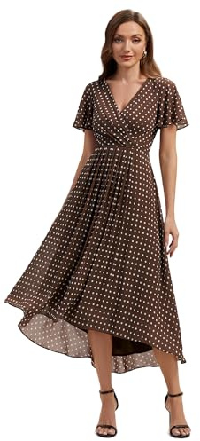 Ever-Pretty Women's Wedding Guest Dress Chiffon Midi Polka Dot V-Neck High-Low Hem Floral Casual Dresses 02762