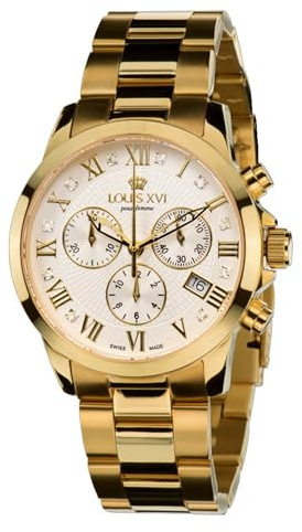 LOUIS XVI Damen-Armbanduhr Athos Pour Femme Stahlband Gold Zifferblatt Schwarz/Weiss Chronograph Analog Quarz Edelstahl