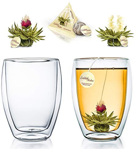 Creano 2 Bicchiere 250ml a Doppia Parete – Vetro Termico Borosilicato INCLUSO due Fiori di Tè Tèlini - Idea Regalo Donna Uomo 2x 250ml con 2x Tèlini Tè Fiorito