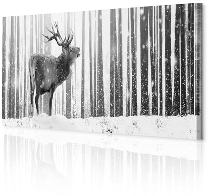 decomonkey Bilder Hirsch 120x40 cm 1 Teilig Leinwandbilder Bild auf Leinwand Vlies Wandbild Kunstdruck Wanddeko Wand Wohnzimmer Wanddekoration Deko Natur Winter Wald