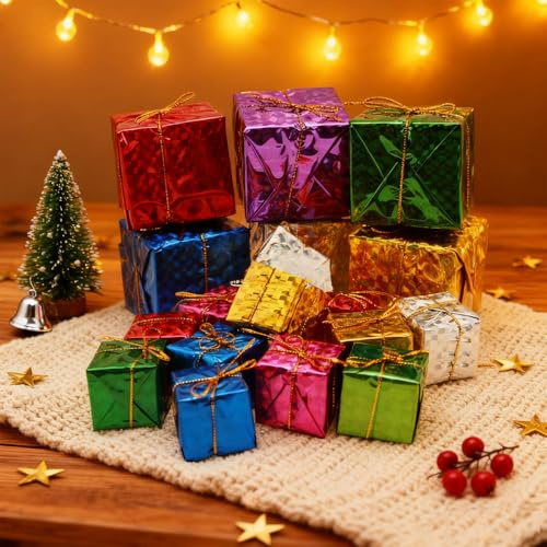 66 PCS Deko Geschenkpäckchen, Geschenkbox Anhänger Bunte, Mini Geschenkboxen Weihnachten, Miniatur Weihnachtsdeko Geschenkbox, Klein Geschenkpäckchen Ornamente, für Dekoration Tannenbaum Schmuck