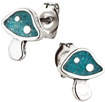 Ohrstecker Ohrringe Pilz Silber 925 Sterling Türkis Inlay als Ohrschmuck mit kleiner Schmuckbox - 7K - Indianer Schmuck Geschenke für Damen, Mädchen, Jungen, Kinder und Herren