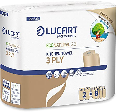 Lucart Professional, EcoNatural 2.3, Asciugatutto in Fiberpack, Ideale per Ambienti professionali e Uffici, 2 Rotoli da 200 Fogli, 23x21 cm