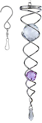 Prefdo 12 inch Gazing Ball Spiral Tail, Stainless Steel Wind Spinner Stabilizer with 2 Glass Balls Prism and Hanging Swivel Hook for Outdoor Yard Garden Decoration(Purple)
