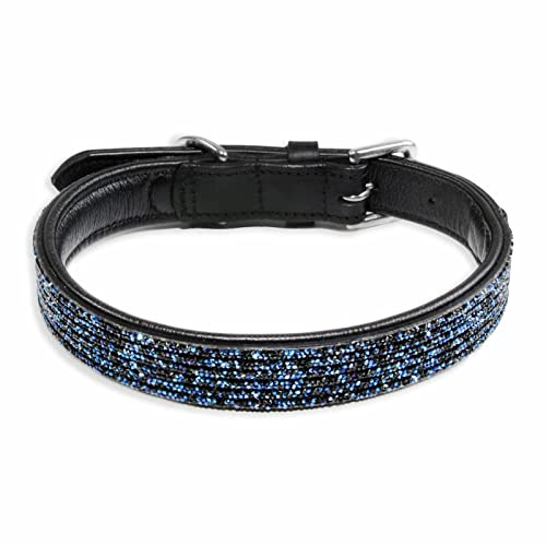 Monkimau Halsband Hund echt Leder Hunde Halsbänder schwarz mit blauen Pailletten Lederhalsband verstellbar Dog Collar Hundehalsband (L-M: 25mm x 60cm)