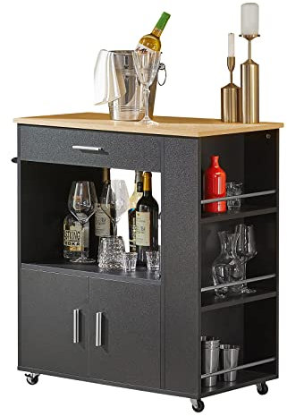 SoBuy Servierwagen mit Rollen Küchenwagen mit Arbeitsplatte Rollwagen Küche Kücheninsel mit Arbeitsplatte schmaler Mikrowellenschrank Küchenschrank Beistelltisch Holz Schwarz 82×88×46 cm FKW113-SCH