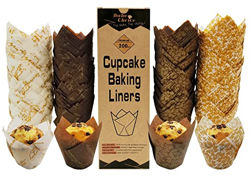 Bake Choice Nordic Paper 200pcs Tulip Cupcake Liners for baking cups with four fancy designs EU Parchment paper Standard Size Tulip Muffin liners, Cupcake Wrappers for Party, Wedding, Birthday