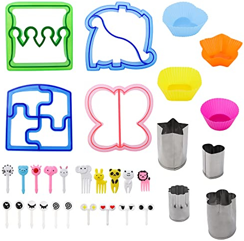 JOGILBOY 32 Pcs DIY Food Set Sandwich Cutters and Sealer Sandwiches Maker Fun Crust Shapes Fruit Vegetable Picks Bento Lunch Box Accessories