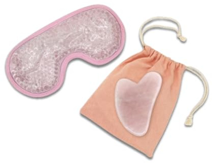 Sun & Sia - Kit Masque Yeux Chaud/Froid et Gua Sha en Pierre Naturelle Quartz Rose (+Housse) - Rafraîchit le Teint, Traite les Poches et Cernes, Stimule la Circulation - Effet Anti-Âge et Peau + Ferme