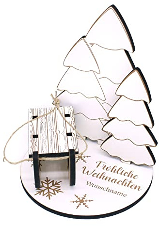 Geldgeschenk Weihnachten Tannenbäume und Schlitten inkl. Name - Winter Deko Schild für Geld Gutschein Geschenk