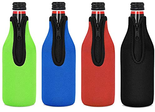 Doumneou Packung mit 4 Isolierstulpen für Bierflaschen, um das Getränk kühl zu halten, Jacken mit Reißverschluss, Manschetten für Kühler, Bierflaschen, Hülle aus Neopren
