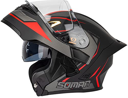 Motorradhelm Klapphelm Herren für Motorräder Integrierter Motorrad Helm Modularer Motorrad Helm mit Doppelvisier ECE-Zugelassen Rollerhelm Sturzhelm Rennhelme für Damen Herren,Schwarz Rot-M(57~58cm)