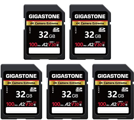 【5 Años Recuperación de Datos Gratis】 GIGASTONE 32GB Paquete de 5 Tarjetas SD, A2 V30 4K U3 UHS-I Clase 10 cámara Extrema, hasta 100MB/s.Compatible con Canon Sony, con 1 Mini Estuche