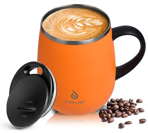 Ideus Kaffeebecher 470 ml (16 oz), doppelwandige vakuumisolierte Kaffee- und Teetasse aus Edelstahl mit rutschfestem Griff und Schiebemoduldeckel und großem Volumen (Orange)