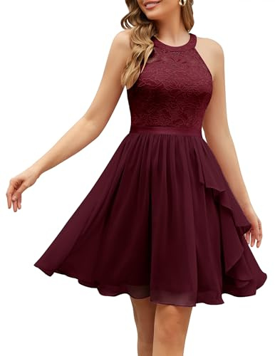 Wedtrend Elegant Abendkleider für Hochzeit & Cocktail - Damen Spitzenkleid mit Chiffon, Kurz - Burgundy, XS