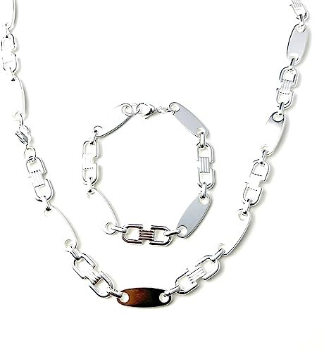 ayados Plattenkette Set Edelstahl 60cm 4mm bis 10,5mm Cuban Halskette + Armband Platten Kette (6,5mm x 60cm, Versilbert)