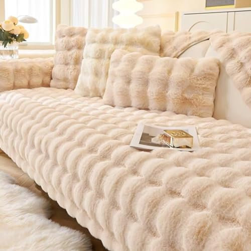 Xinwanhong Kaninchen Plüsch Sofa Überzug, Sofabezug Ecksofa U Form 1/2/3/4 Sitzer, Couchbezug Sofa, Couch Wurfdecke Sofaschutz Sofaüberwurfe Sofaschoner rutschfest Hund Katze, Beige, 90 * 210cm