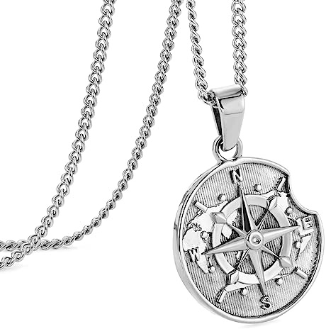 murtoo Kette Herren, Halskette mit Kompass Anhänger für Herren, Silber Gold Münze Plättchen Kette für Damen, Edelstahl Halskette Geschenkidee Damen