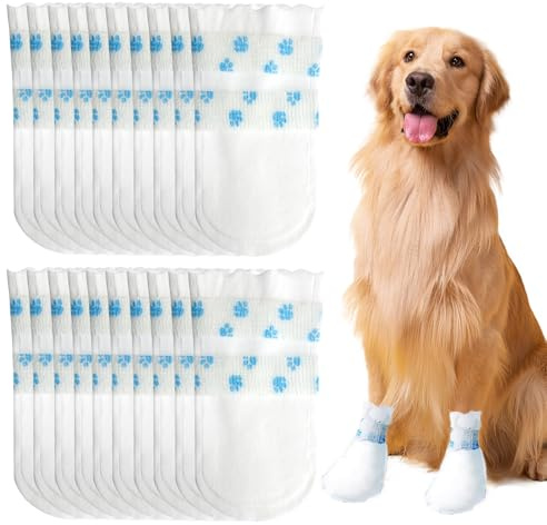 Einweg-Hundesocken, wasserdichte Hundestiefel für verletzte Pfoten, stoppen Sie das Lecken von Haustierpfotenschutz, Hundeschuhe mit Bandage, Haustier-Fußabdeckung für 7,3–17,2 kg Hunde, geeignet für