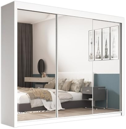 SERENITY SELECTION Modern Wardrobe with FULL Length Mirror - 2 & 3 Sliding Doors wardrobe,Adjustable Shelves,Hanging Rails,and Ample Storage Space-Stylish Bedroom Furniture (White, 250cm)