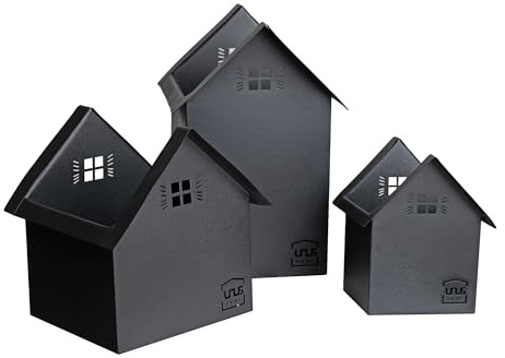 UNUS Deko Häuser 3er Set, Lichthäuser aus Metall in schwarz, Herbstdeko | Outdoor, Weihnachtsdorf mit Gravur für Garten, Terrasse oder Balkon