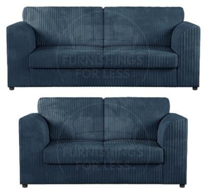 Furnishings For Less UK New Luxor Colourful Soft Jumbo Cord Navy Blue 2 Piece Sofa Suite 3 Seater and 2 Full Back (Navy Blue, 3 and 2 Sofa Suite)