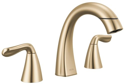Delta Arvo Brushed Gold Bathroom Faucet with Sprayer, 8 Inch 3 Hole Widespread Bathroom Sink Faucet with Pull Out Sprayer, Push-Pop Drain, Champagne Bronze 35840LF-CZPD
