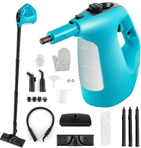 COSTWAY Nettoyeur Vapeur Portatif 1400W avec 14 Accessoires, Balai Vapeur Durée d'Utilisation Illimitée Réservoir d'Eau 400 ml, Nettoyant Vapeur pour Canapé Vitre Plancher Tapis Rideaux (Bleu)