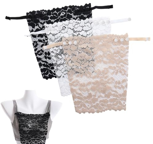 DHWEKU 3 Pcs Dame Spitze Clip on Mock Camisole BH Einsatz Overlay Modesty Panel Weste BH Einsatz,Weiß Schwarz Beige,Einheitsgröße
