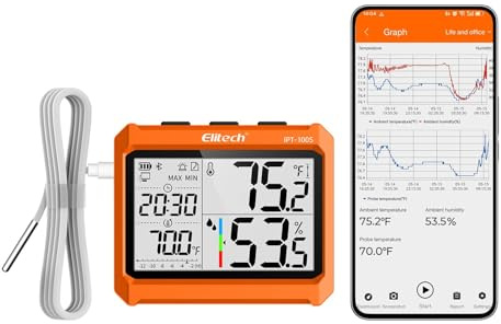 Elitech Digitales Bluetooth Hygrometer Thermometer mit App, 4,5 Display, Echtzeit-Überwachung von Temperatur & Luftfeuchtigkeit, PDF/CSV-Export, externe Sonde, IPT-100S