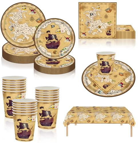 69pcs Pirate Birthday Party Tableware Set,Pirate Game Treasure Hunt Theme Table Cloth Paper Plates Napkins Serviettes Cups Dinnerware Set for Boys Girls Kids Halloween Pirate Party Decorations