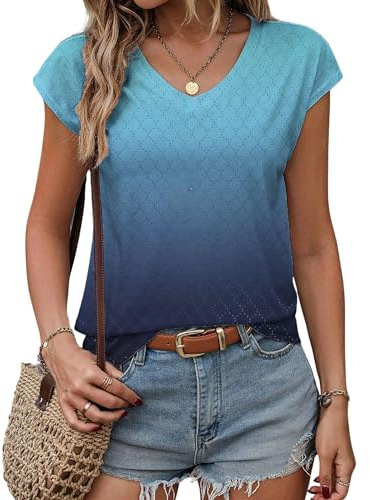 Zeagoo Camiseta para mujer, cuello en V, manga corta, blusa de verano, elegante, bordado con agujeros, informal, ligera, con mangas de mariposa, holgada, sin mangas, tallas S-XXL, Azul-pa94, L