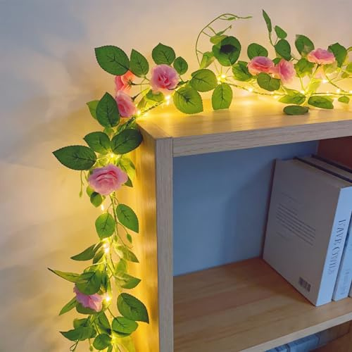 Fielegen 70 LED Künstliche Rose Blume Girlande mit Lichtern Batteriebetrieben mit Timer & 8 Modi, 1.8M Rosa Blumengirlande Lichterkette für Hochzeit Bogen Party Gartentisch Mittelstück Raumdekoration