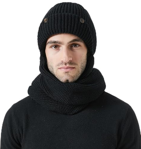 TAGVO Gorro Bufanda de Punto Invierno 3 en 1 para Hombre y Mujer Beanie con Capucha Guantes Integrados Cortaviento Regalo Exterior