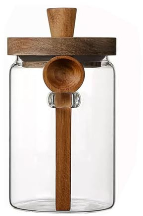 Jar with Wooden Lid & Spoon, 400ml/600ml/750ml Glass Canister, Airtight Kitchen Organiser for Coffee Beans, Tea, Salt, Sugar, Spices, Grains(750ml)